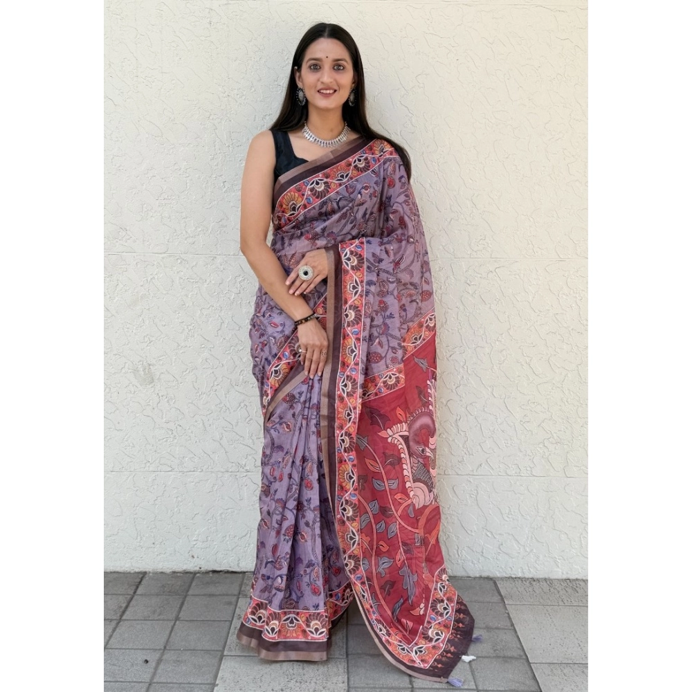 Generic Women's Cotton Slub Printed Saree With Unstitched Blouse 5.5Mtr (Purple)