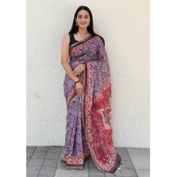 Generic Women's Cotton Slub Printed Saree With Unstitched Blouse 5.5Mtr (Purple)