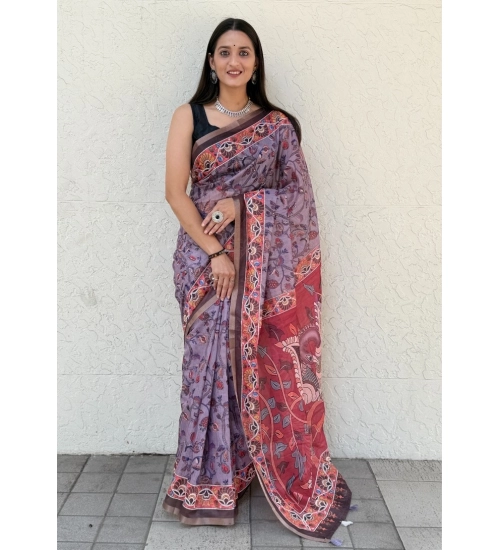 Generic Women's Cotton Slub Printed Saree With Unstitched Blouse 5.5Mtr (Purple)