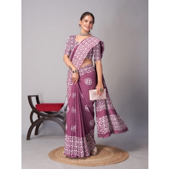 Generic Women's Chanderi Cotton Batik Printed Saree With Unstitched Blouse 5.5Mtr (Wine)