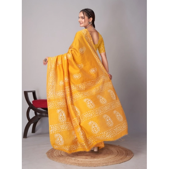 Generic Women's Chanderi Cotton Batik Printed Saree With Unstitched Blouse 5.5Mtr (Yellow)