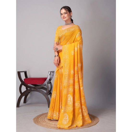 Generic Women's Chanderi Cotton Batik Printed Saree With Unstitched Blouse 5.5Mtr (Yellow)