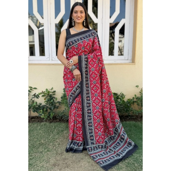 Generic Women's Cotton Ajrakh Printed Saree With Unstitched Blouse 5.5Mtr (Red) Generic Women's Cotton Ajrakh Printed Saree With Unstitched Blouse 5.5Mtr (Red)