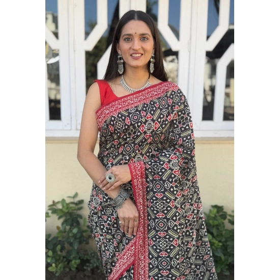 Generic Women's Cotton Ajrakh Printed Saree With Unstitched Blouse 5.5Mtr (Black) Generic Women's Cotton Ajrakh Printed Saree With Unstitched Blouse 5.5Mtr (Black)