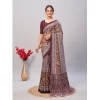 Generic Women's Cotton Ajrakh Printed Saree With Unstitched Blouse 5.5Mtr (Brown)