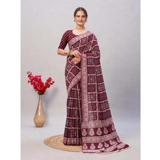 Generic Women's Cotton Ajrakh Printed Saree With Unstitched Blouse 5.5Mtr (Wine) Generic Women's Cotton Ajrakh Printed Saree With Unstitched Blouse 5.5Mtr (Wine)