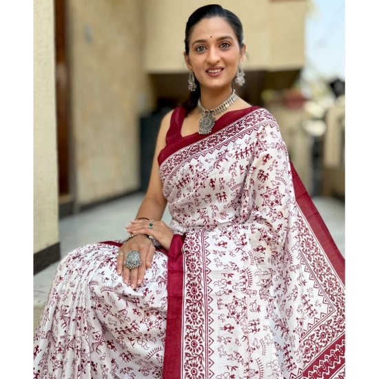Generic Women's Bhagalpuri Silk Warli Printed Saree With Unstitched Blouse 5.5Mtr (Maroon)