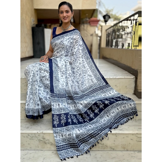 Generic Women's Bhagalpuri Silk Warli Printed Saree With Unstitched Blouse 5.5Mtr (Blue)