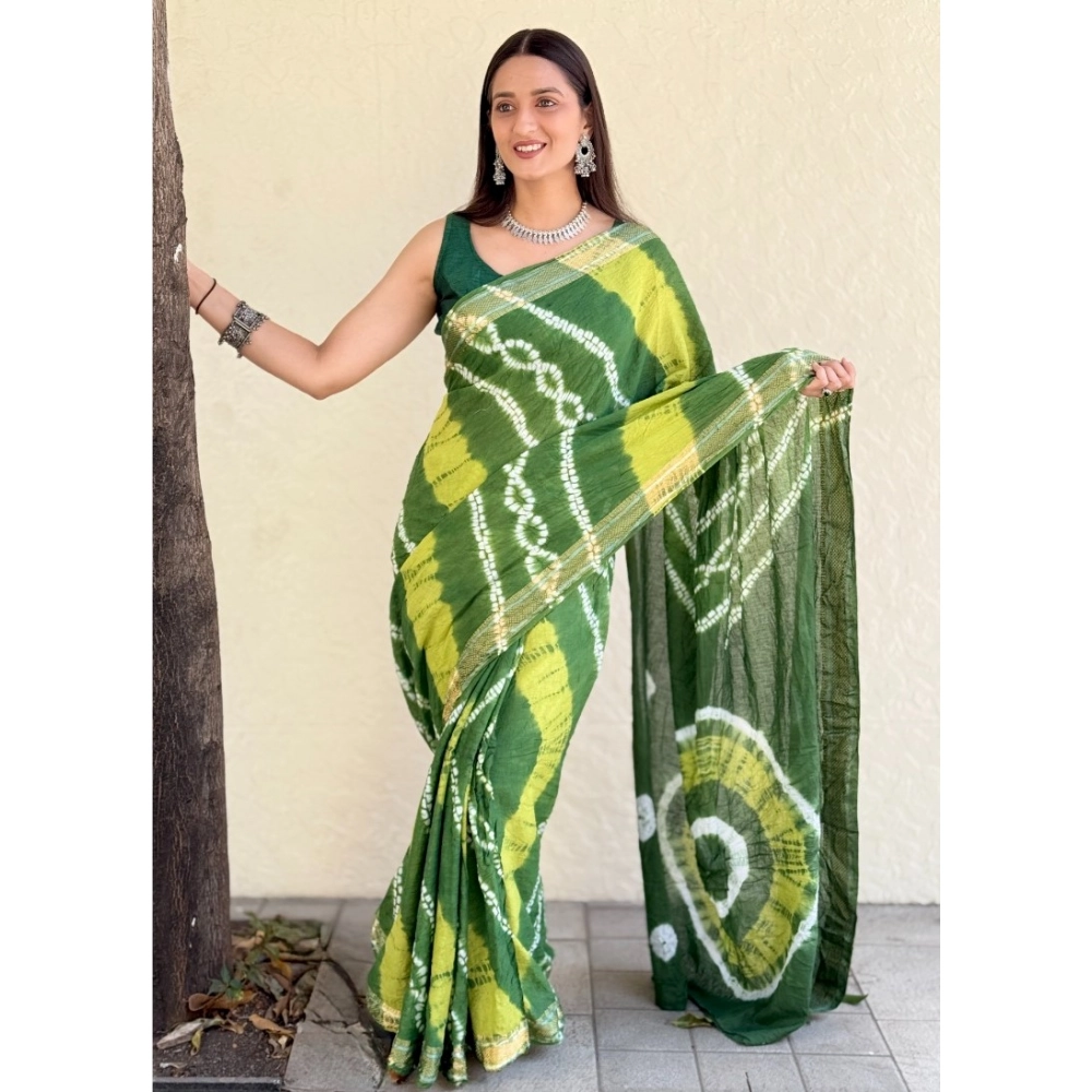 Generic Women's Cotton Shibori Printed Saree With Unstitched Blouse 5.5Mtr (Green)