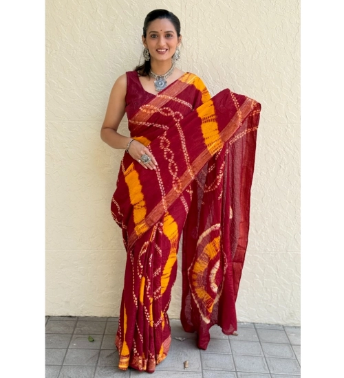 Generic Women's Cotton Shibori Printed Saree With Unstitched Blouse 5.5Mtr (Red)