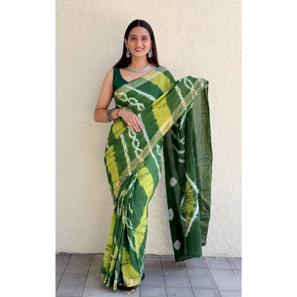 Generic Women's Cotton Shibori Printed Saree With Unstitched Blouse 5.5Mtr (Green)