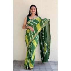 Generic Women's Cotton Shibori Printed Saree With Unstitched Blouse 5.5Mtr (Green)