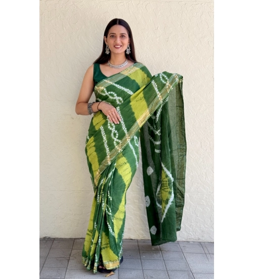Generic Women's Cotton Shibori Printed Saree With Unstitched Blouse 5.5Mtr (Green)