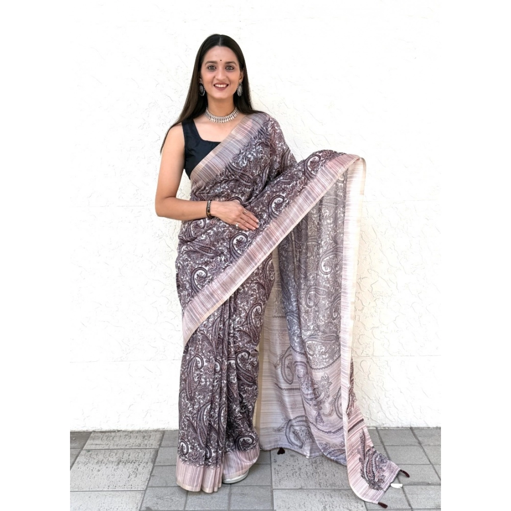 Generic Women's Cotton Slub Printed Saree With Unstitched Blouse 5.5Mtr (Blue)