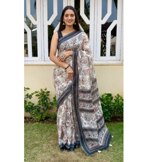 Generic Women's Cotton Slub Printed Saree With Unstitched Blouse 5.5Mtr (Grey)