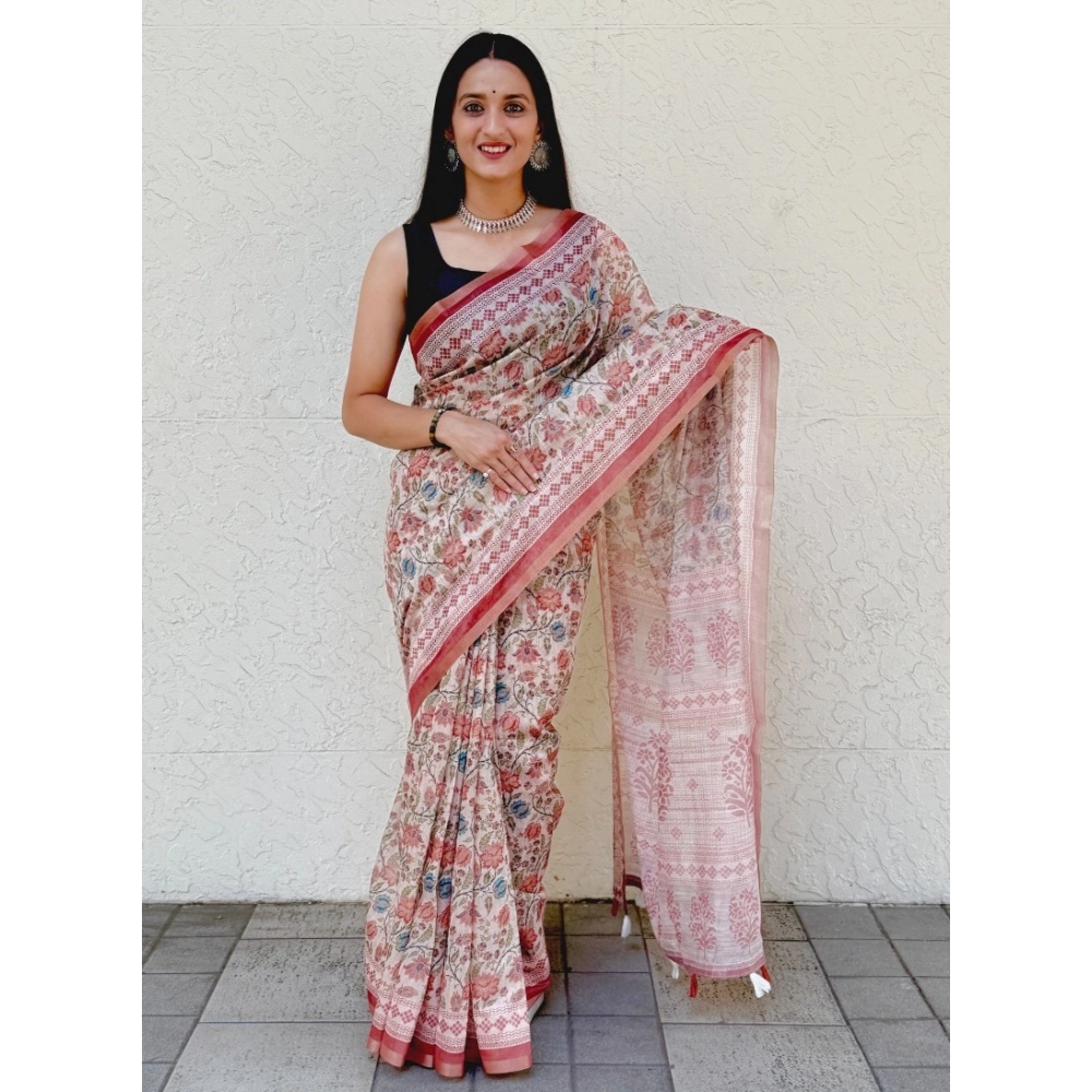 Generic Women's Cotton Slub Printed Saree With Unstitched Blouse 5.5Mtr (Red)