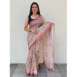 Generic Women's Cotton Slub Printed Saree With Unstitched Blouse 5.5Mtr (Red)