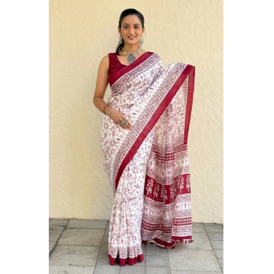 Generic Women's Bhagalpuri Silk Warli Printed Saree With Unstitched Blouse 5.5Mtr (Maroon)