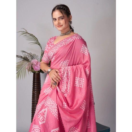 Generic Women's Chanderi Cotton Batik Printed Saree With Unstitched Blouse 5.5Mtr (Pink)