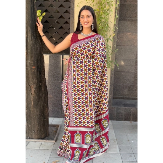Generic Women's Cotton Ajrakh Printed Saree With Unstitched Blouse 5.5Mtr (Multicolor)