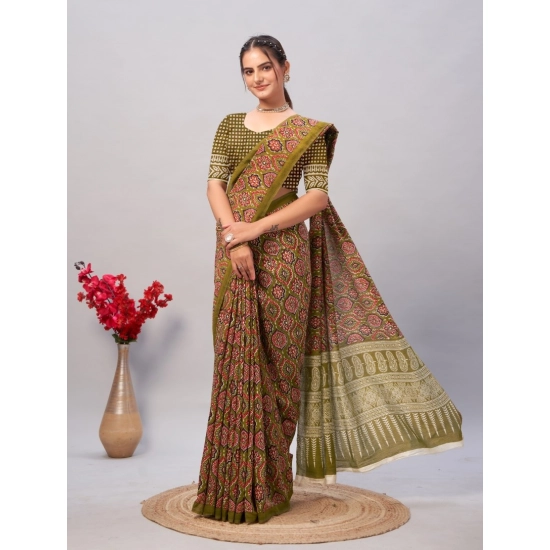 Generic Women's Cotton Ajrakh Printed Saree With Unstitched Blouse 5.5Mtr (Mehendi green) Generic Women's Cotton Ajrakh Printed Saree With Unstitched Blouse 5.5Mtr (Mehendi green)