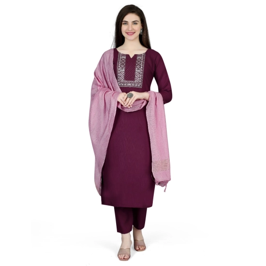 Generic Women's Cotton Blend Embroidered 3-4 th Sleeve V Neck Kurti With Pant Dupatta Set (Purple) Generic Women's Cotton Blend Embroidered 3-4 th Sleeve V Neck Kurti With Pant Dupatta Set (Purple)