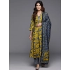 Generic Women's Cotton Blend Printed 3-4 th Sleeve V Neck Kurti With Pant Dupatta Set (Yellow)