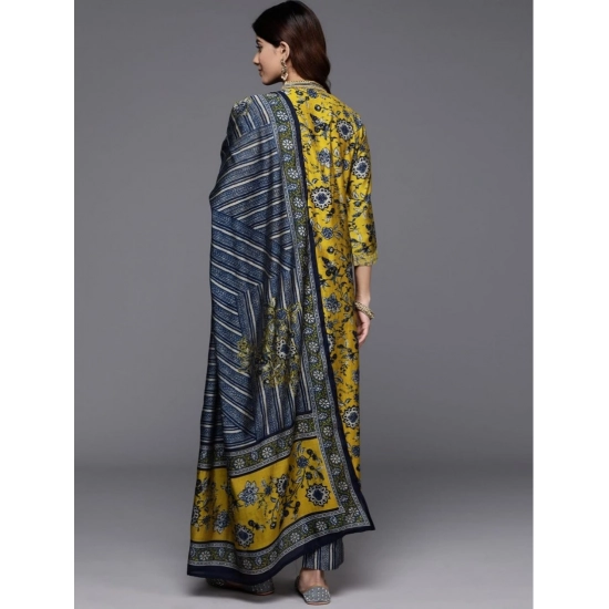 Generic Women's Cotton Blend Printed 3-4 th Sleeve V Neck Kurti With Pant Dupatta Set (Yellow)