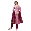 Generic Women's Cotton Blend Embroidered 3-4 th Sleeve Round Neck Kurti With Pant Dupatta Set (Pink )
