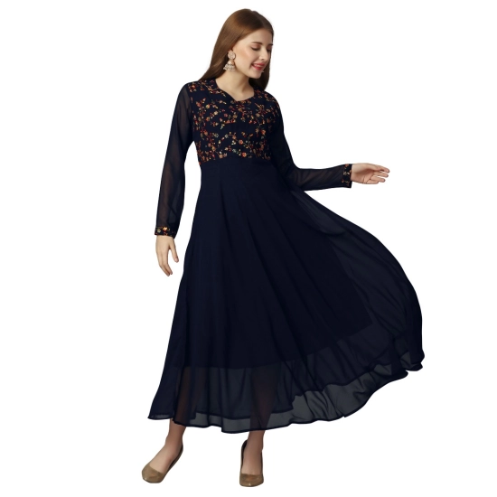 Generic Women's Georgette Embroidered Full Sleeve Round Neck Gown (Navy Blue )