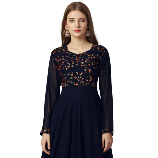 Generic Women's Georgette Embroidered Full Sleeve Round Neck Gown (Navy Blue )