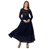 Generic Women's Georgette Embroidered Full Sleeve Round Neck Gown (Navy Blue )