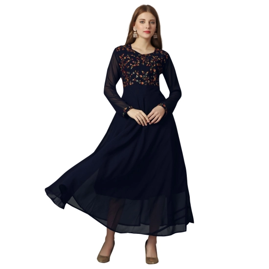 Generic Women's Georgette Embroidered Full Sleeve Round Neck Gown (Navy Blue )