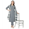 Generic Women's Cotton Blend Mirror Work 3-4 th Sleeve Sweetheart Neck Kurti With Pant Dupatta Set (Grey)