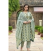 Generic Women's Cotton Printed 3-4 th Sleeve V Neck Kurti With Pant Dupatta Set (Green)