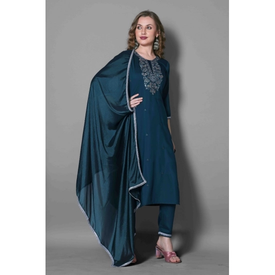Generic Women's Silk Blend Embroidered 3-4 th Sleeve Round Neck Kurti With Pant Dupatta Set (Blue) Generic Women's Silk Blend Embroidered 3-4 th Sleeve Round Neck Kurti With Pant Dupatta Set (Blue)