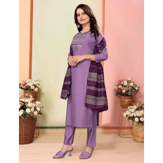Generic Women's Silk Embroidered 3-4 th Sleeve Sweetheart Neck Kurti With Pant Dupatta Set (Lavender)