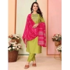 Generic Women's Silk Embroidered 3-4 th Sleeve Sweetheart Neck Kurti With Pant Dupatta Set (Green)