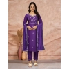 Generic Women's Cotton Blend Embroidered 3-4 th Sleeve Sweetheart Neck Kurti With Pant Dupatta Set (Purple )