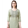 Generic Women's Cotton Blend Embroidered 3-4 th Sleeve Round Neck Kurti With Pant Dupatta Set (Light Green)