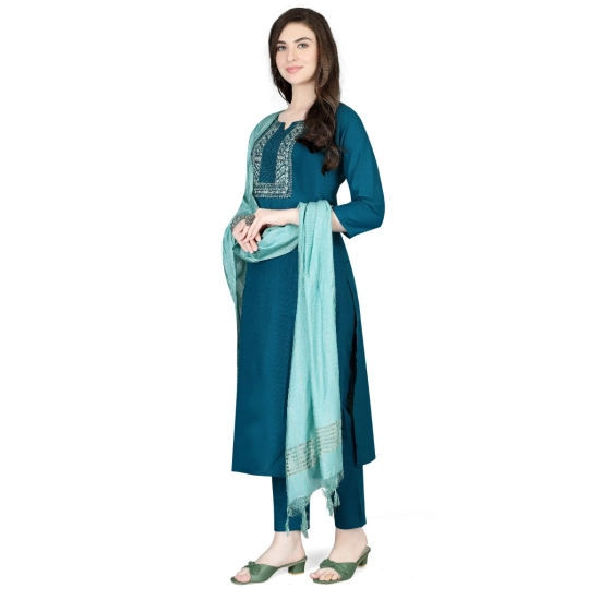 Generic Women's Cotton Blend Embroidered 3-4 th Sleeve V Neck Kurti With Pant Dupatta Set (Indigo)