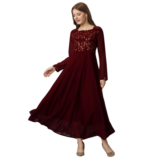 Generic Women's Georgette Embroidered Full Sleeve Round Neck Gown (Maroon)