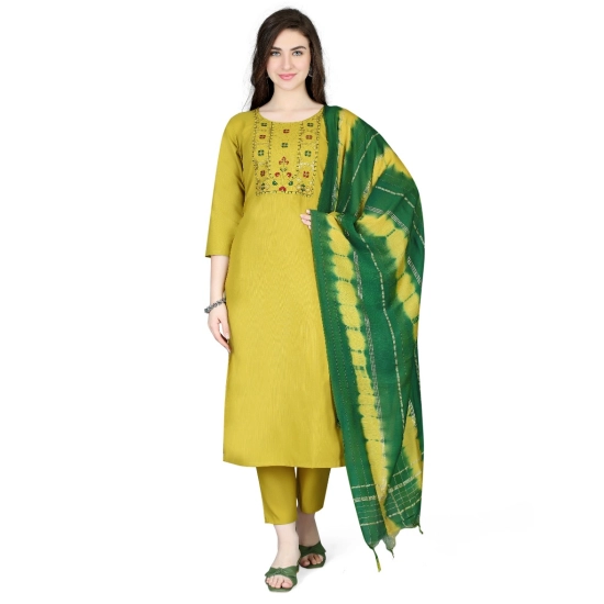 Generic Women's Cotton Blend Embroidered 3-4 th Sleeve Round Neck Kurti With Pant Dupatta Set (Yellow) Generic Women's Cotton Blend Embroidered 3-4 th Sleeve Round Neck Kurti With Pant Dupatta Set (Yellow)