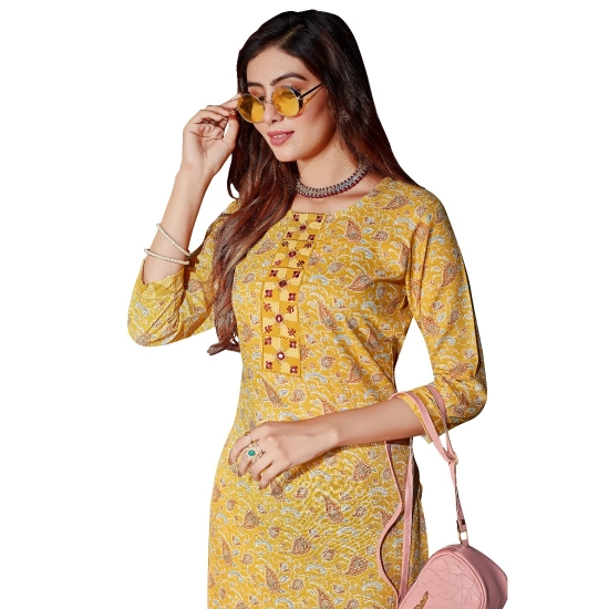 Generic Women's Cotton Blend Foil Print - Mirror Work 3-4 th Sleeve Round Neck Kurti With Pant Set (Mustard)