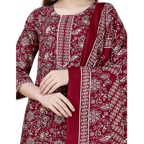 Generic Women's Cotton Blend Printed 3-4 th Sleeve Round Neck Kurti With Pant Dupatta Set (Maroon) Generic Women's Cotton Blend Printed 3-4 th Sleeve Round Neck Kurti With Pant Dupatta Set (Maroon)