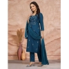 Generic Women's Cotton Blend Embroidered 3-4 th Sleeve Sweetheart Neck Kurti With Pant Dupatta Set (Blue)
