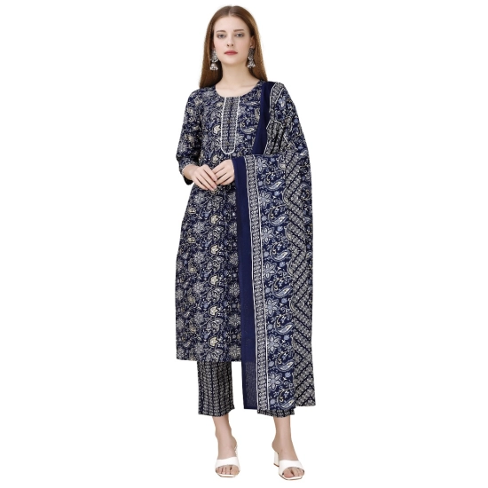 Generic Women's Cotton Blend Printed 3-4 th Sleeve Round Neck Kurti With Pant Dupatta Set (Navy Blue) Generic Women's Cotton Blend Printed 3-4 th Sleeve Round Neck Kurti With Pant Dupatta Set (Navy Blue)
