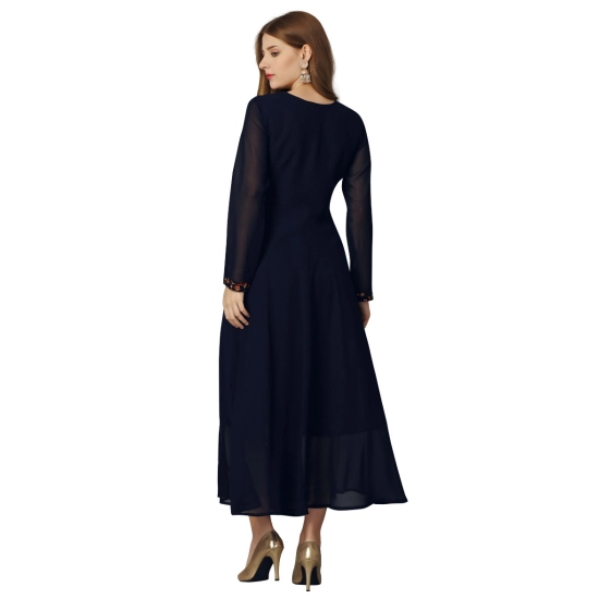 Generic Women's Georgette Embroidered Full Sleeve Round Neck Gown (Navy Blue )