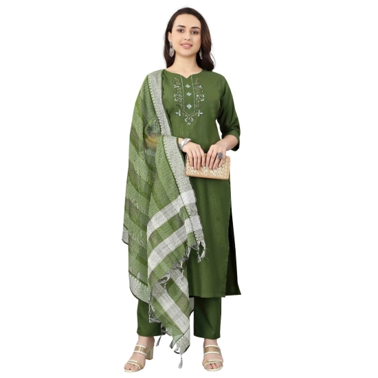 Generic Women's Cotton Blend Mirror Work 3-4 th Sleeve Sweetheart Neck Kurti With Pant Dupatta Set (Mehendi green)