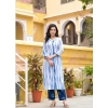 Generic Women's Cotton Printed 3-4 th Sleeve V Neck Kurti With Pant Dupatta Set (Blue)